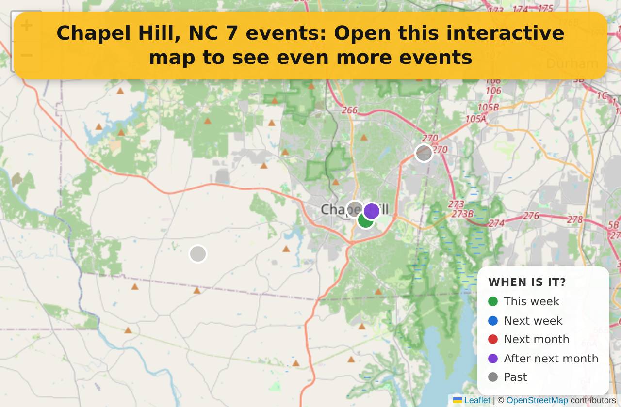Map of events in Chapel Hill, NC on the interactive EVENTULIST map