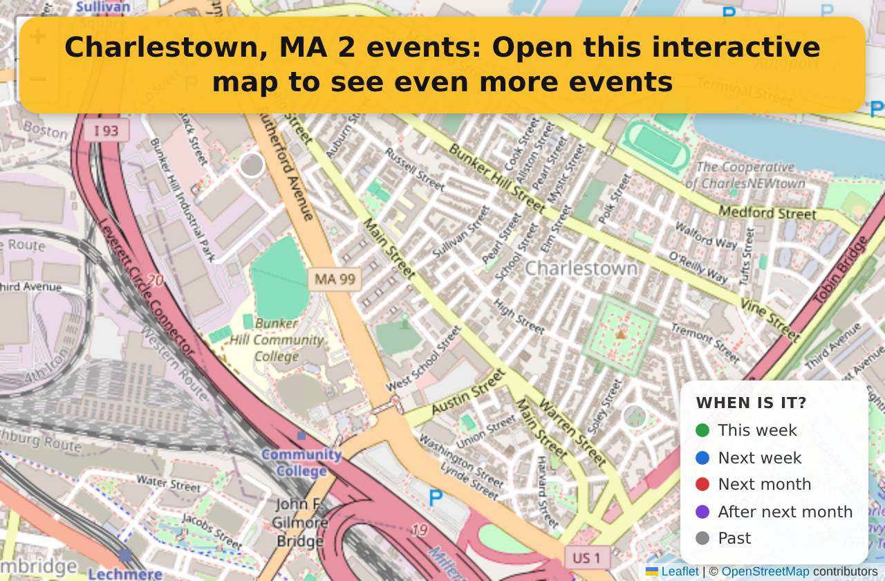 Map of events in Charlestown, MA on the interactive EVENTULIST map