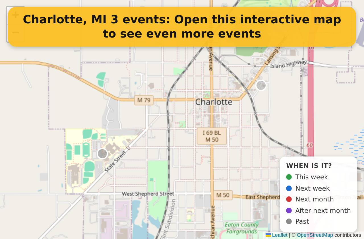 Map of events in Charlotte, MI on the interactive EVENTULIST map