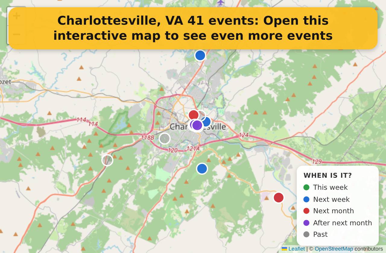 Map of events in Charlottesville, VA on the interactive EVENTULIST map