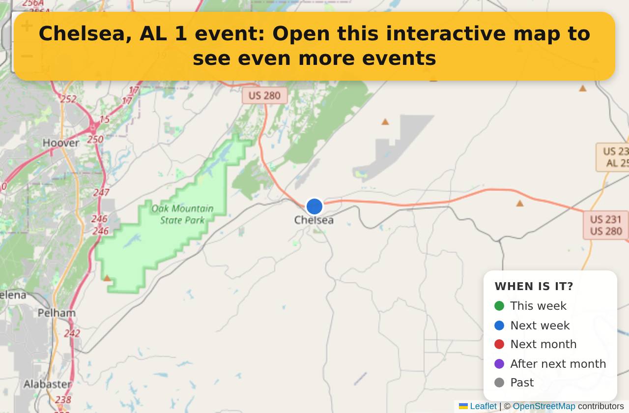 Map of events in Chelsea, AL on the interactive EVENTULIST map