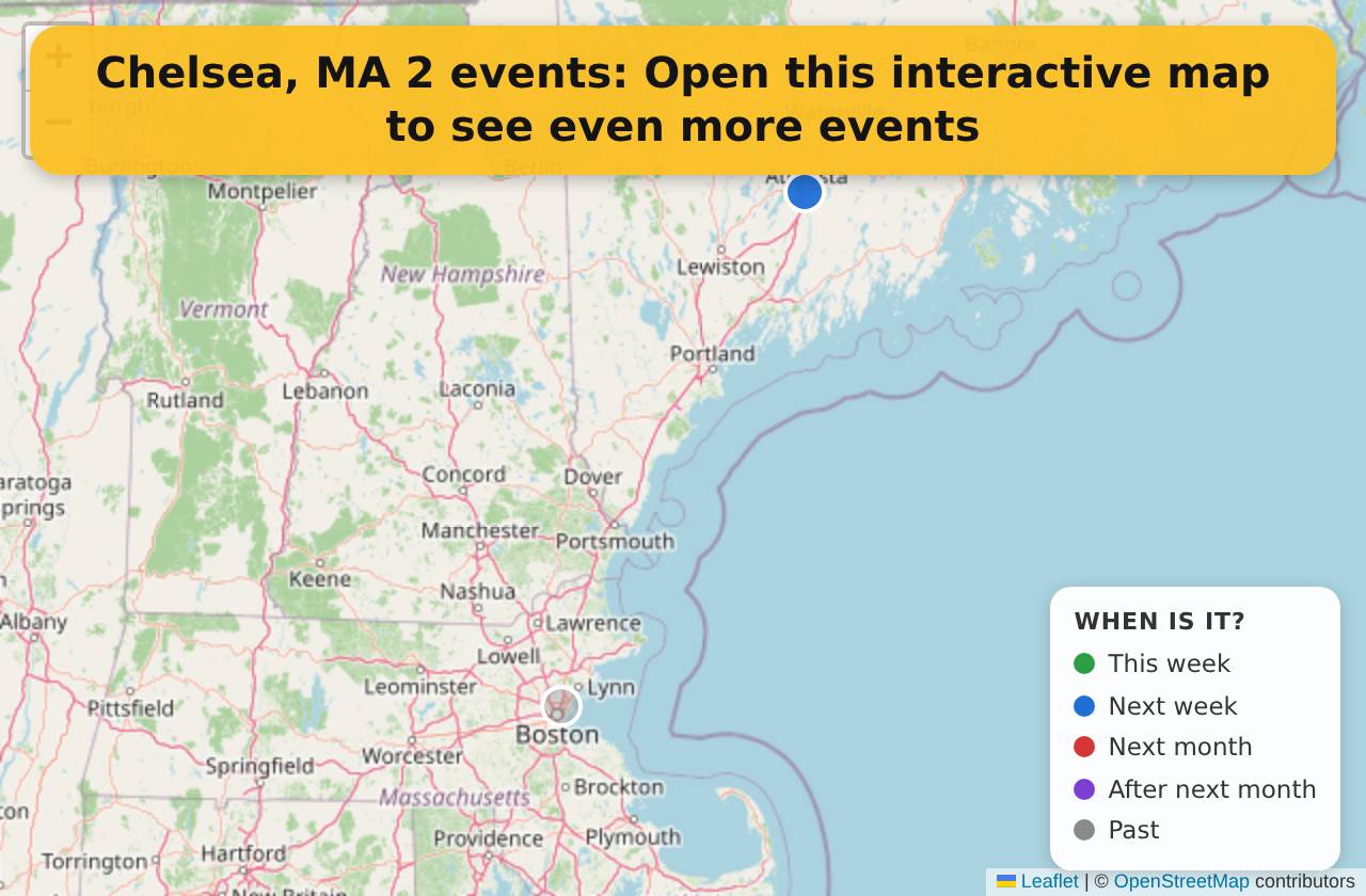 Map of events in Chelsea, MA on the interactive EVENTULIST map