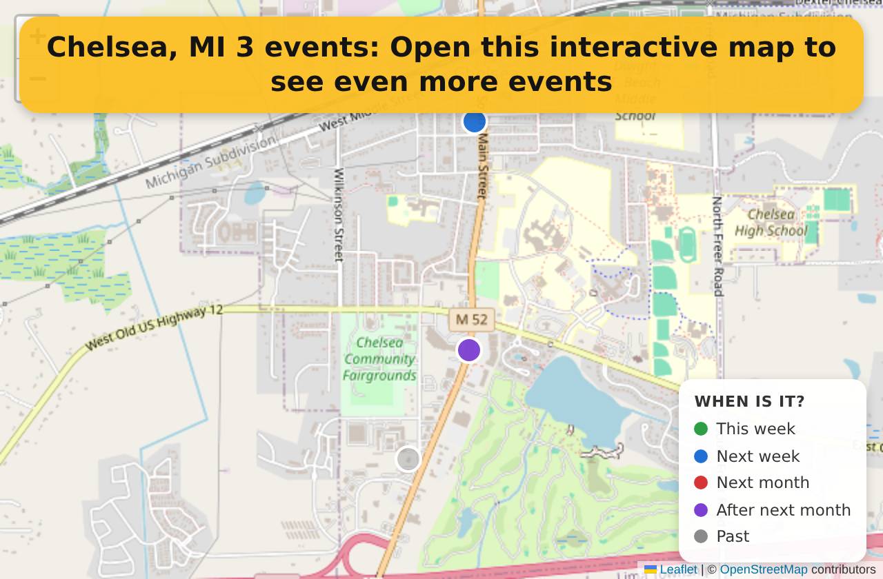 Map of events in Chelsea, MI on the interactive EVENTULIST map