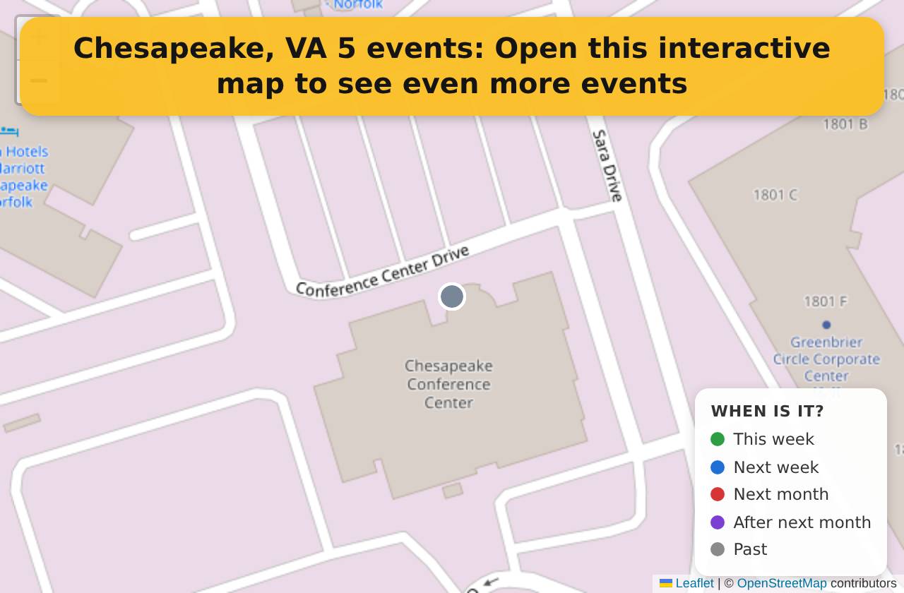 Map of events in Chesapeake, VA on the interactive EVENTULIST map