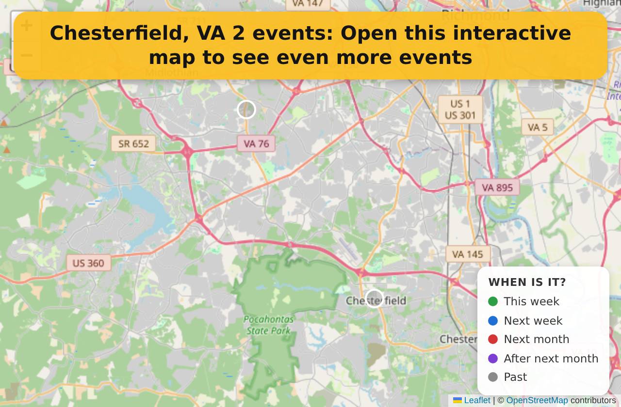 Map of events in Chesterfield, VA on the interactive EVENTULIST map