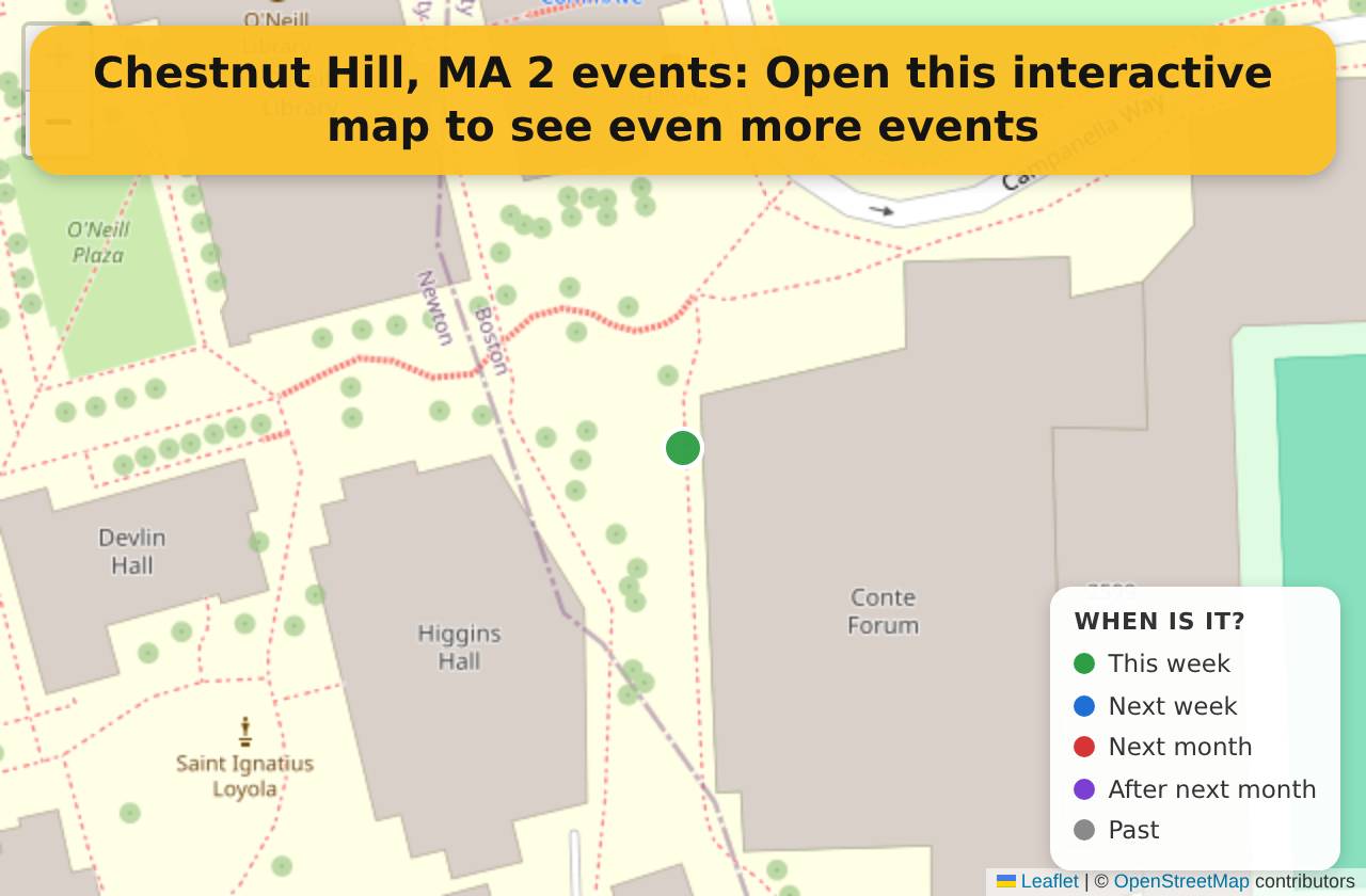 Map of events in Chestnut Hill, MA on the interactive EVENTULIST map
