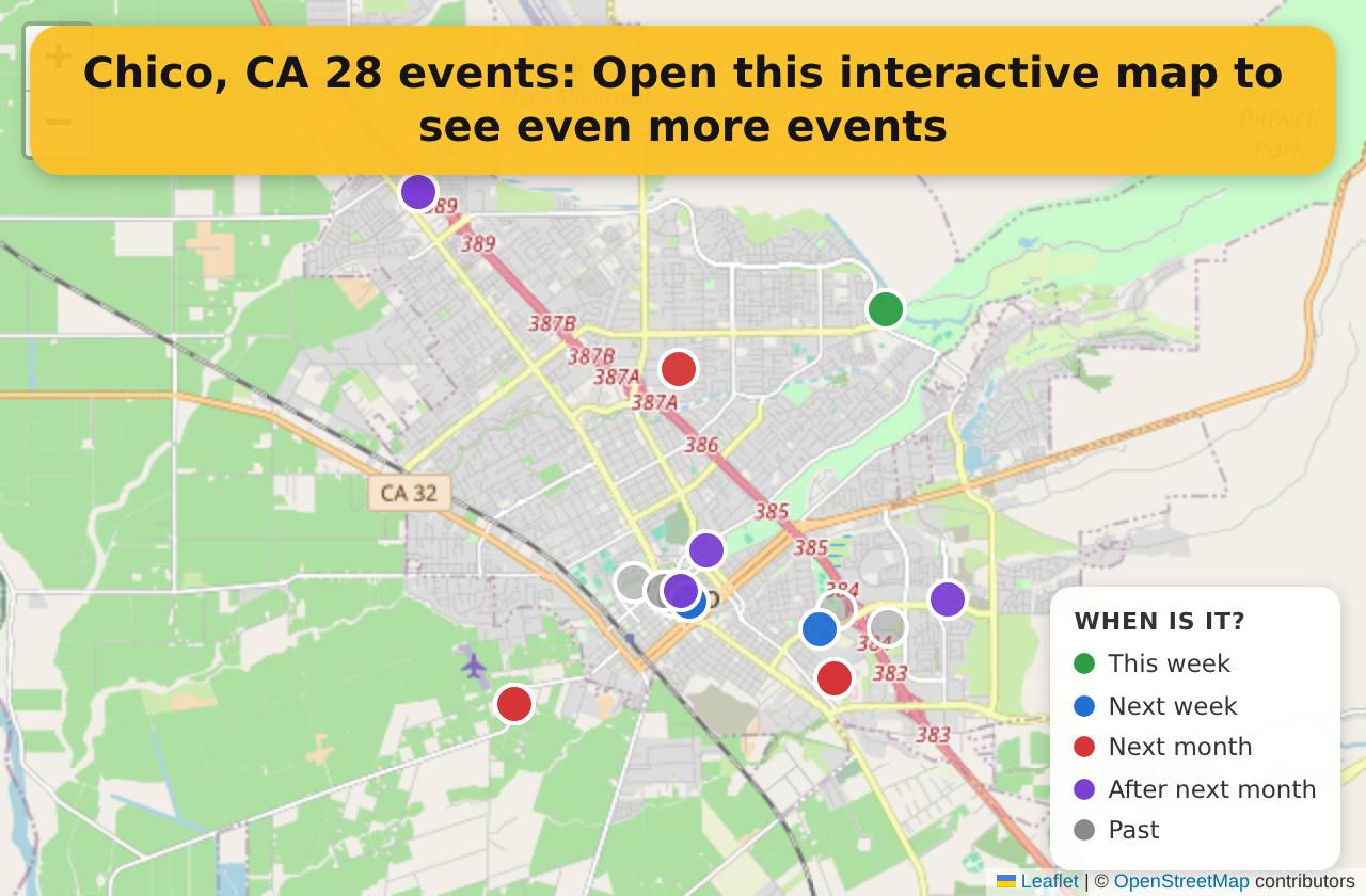 Map of events in Chico, CA on the interactive EVENTULIST map