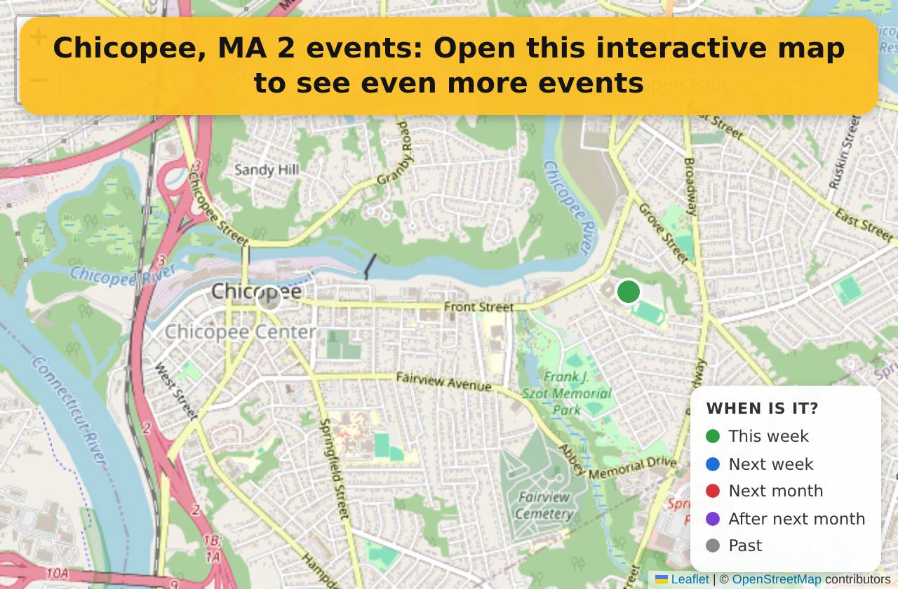 Map of events in Chicopee, MA on the interactive EVENTULIST map