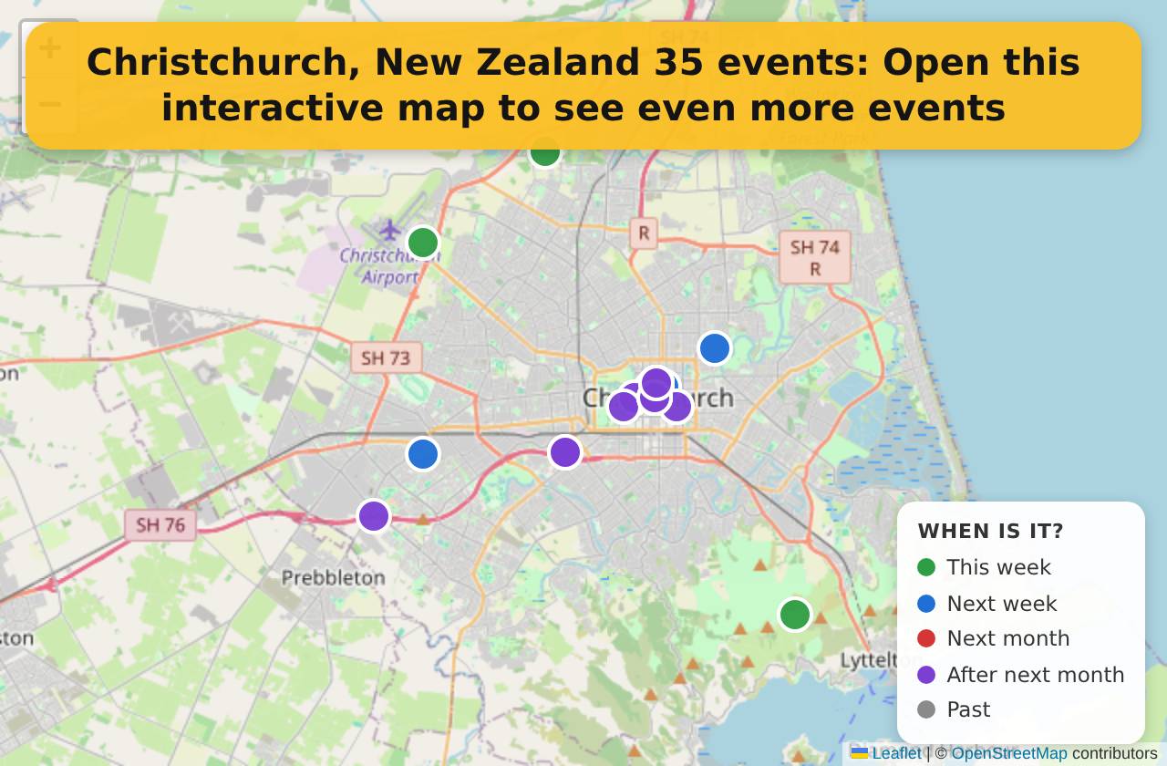 Map of events in Christchurch, New Zealand on the interactive EVENTULIST map