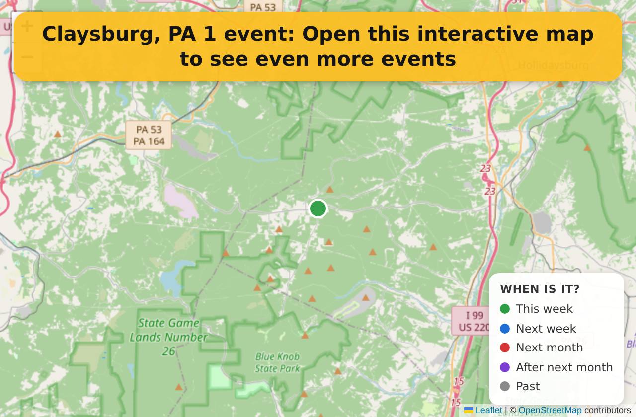 Map of events in Claysburg, PA on the interactive EVENTULIST map