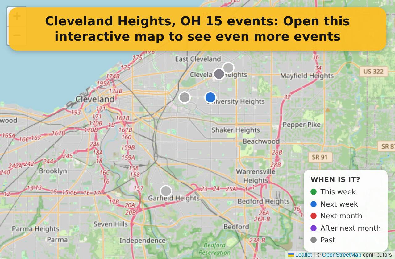 Map of events in Cleveland Heights, OH on the interactive EVENTULIST map