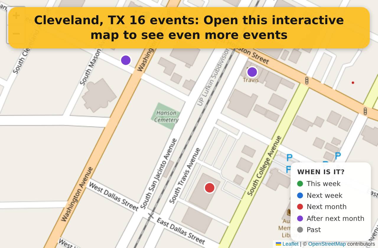 Map of events in Cleveland, TX on the interactive EVENTULIST map