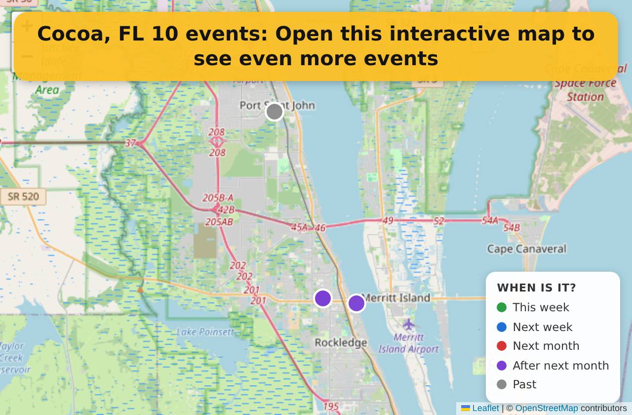 Map of events in Cocoa, FL on the interactive EVENTULIST map