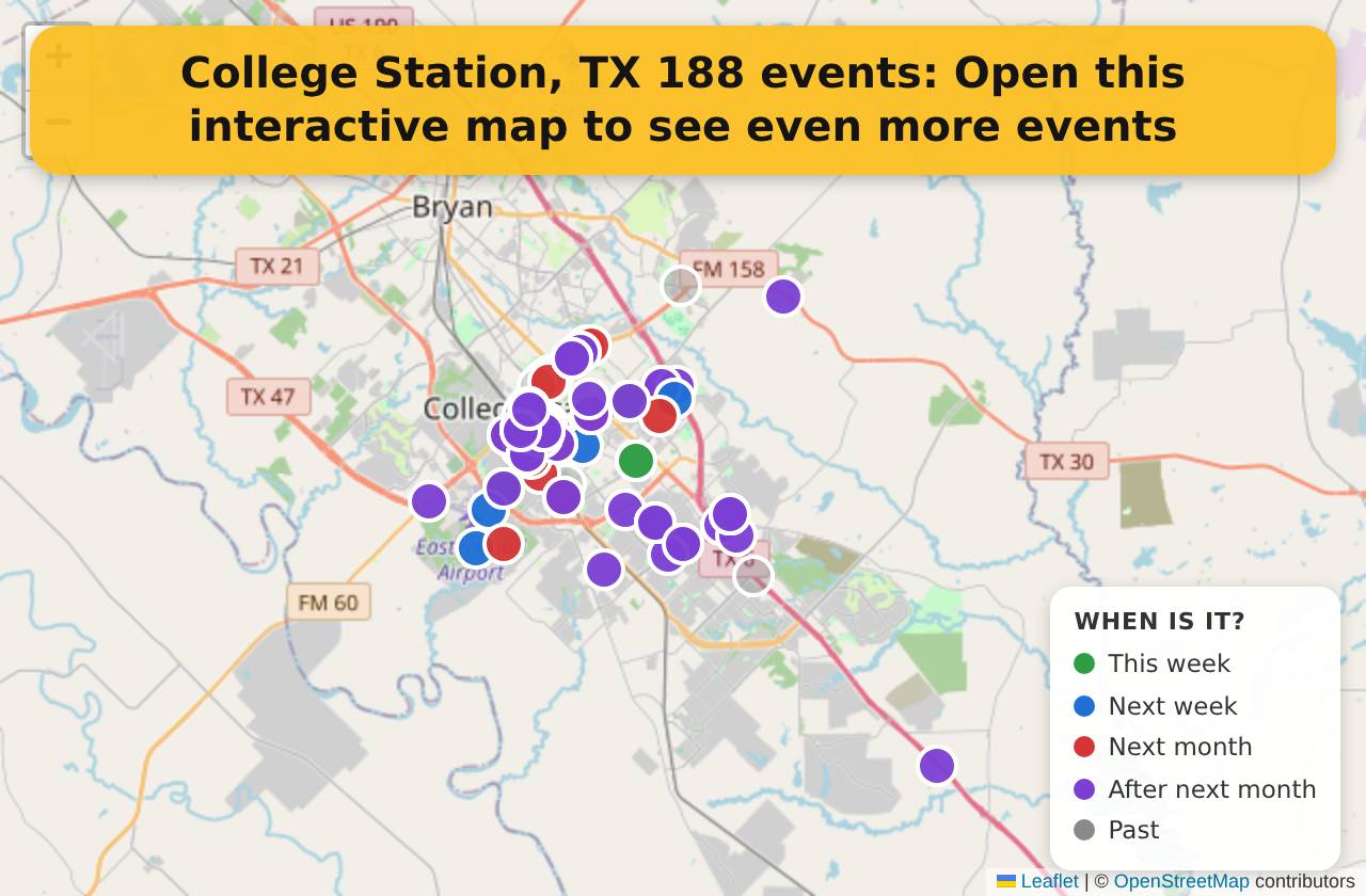 Map of events in College Station, TX on the interactive EVENTULIST map