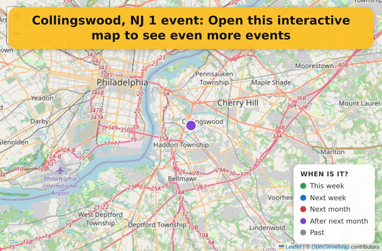 Map of events in Collingswood, NJ on the interactive EVENTULIST map