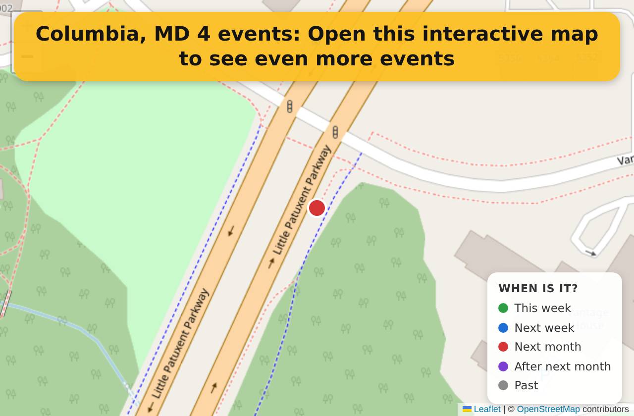 Map of events in Columbia, MD on the interactive EVENTULIST map