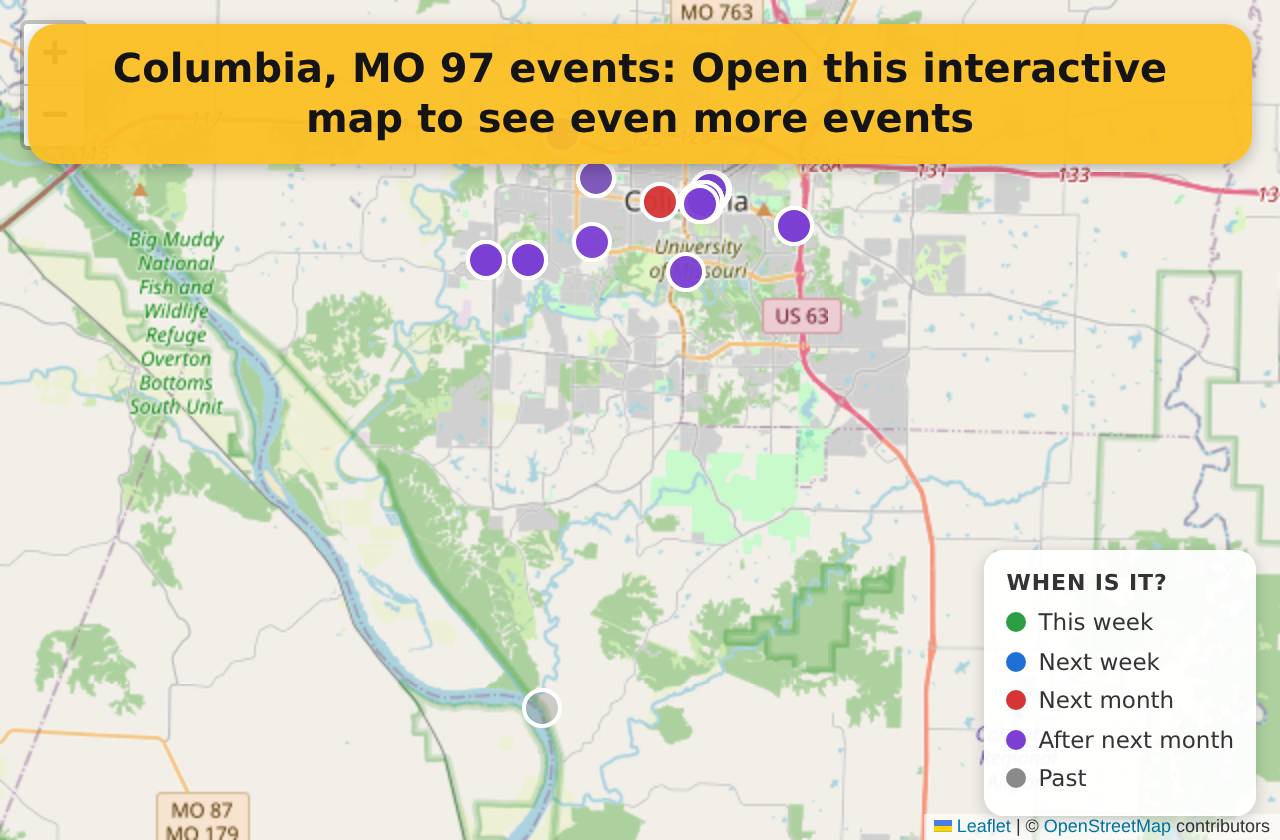 Map of events in Columbia, MO on the interactive EVENTULIST map