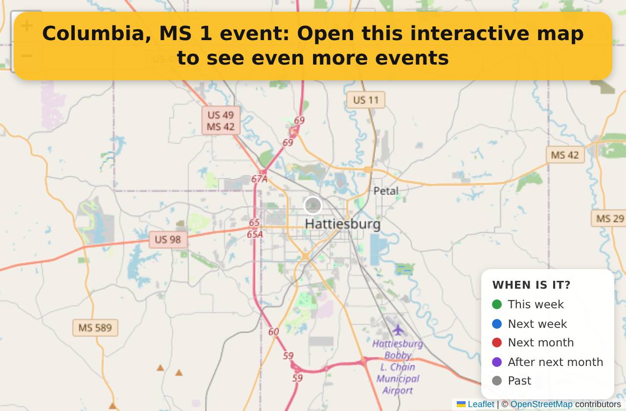 Map of events in Columbia, MS on the interactive EVENTULIST map