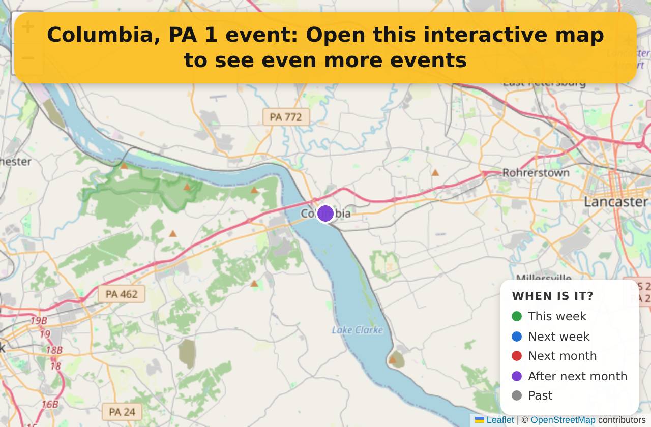 Map of events in Columbia, PA on the interactive EVENTULIST map