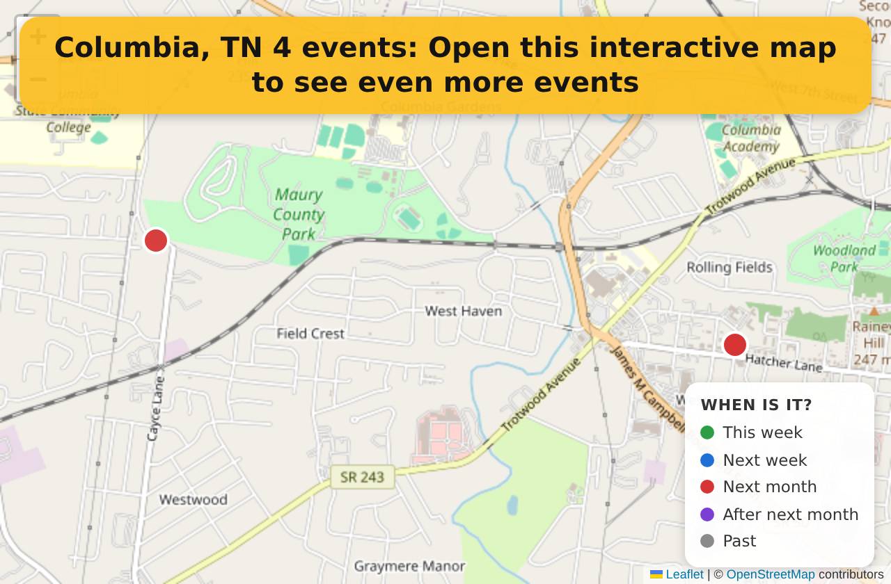 Map of events in Columbia, TN on the interactive EVENTULIST map