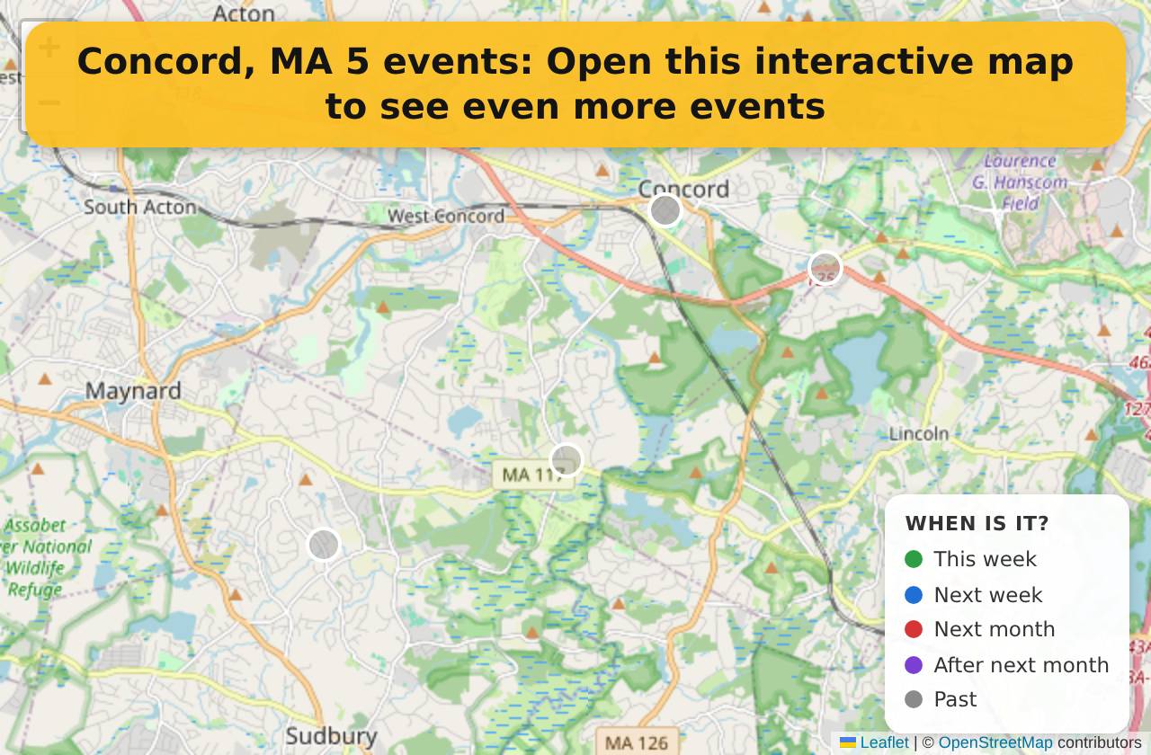 Map of events in Concord, MA on the interactive EVENTULIST map