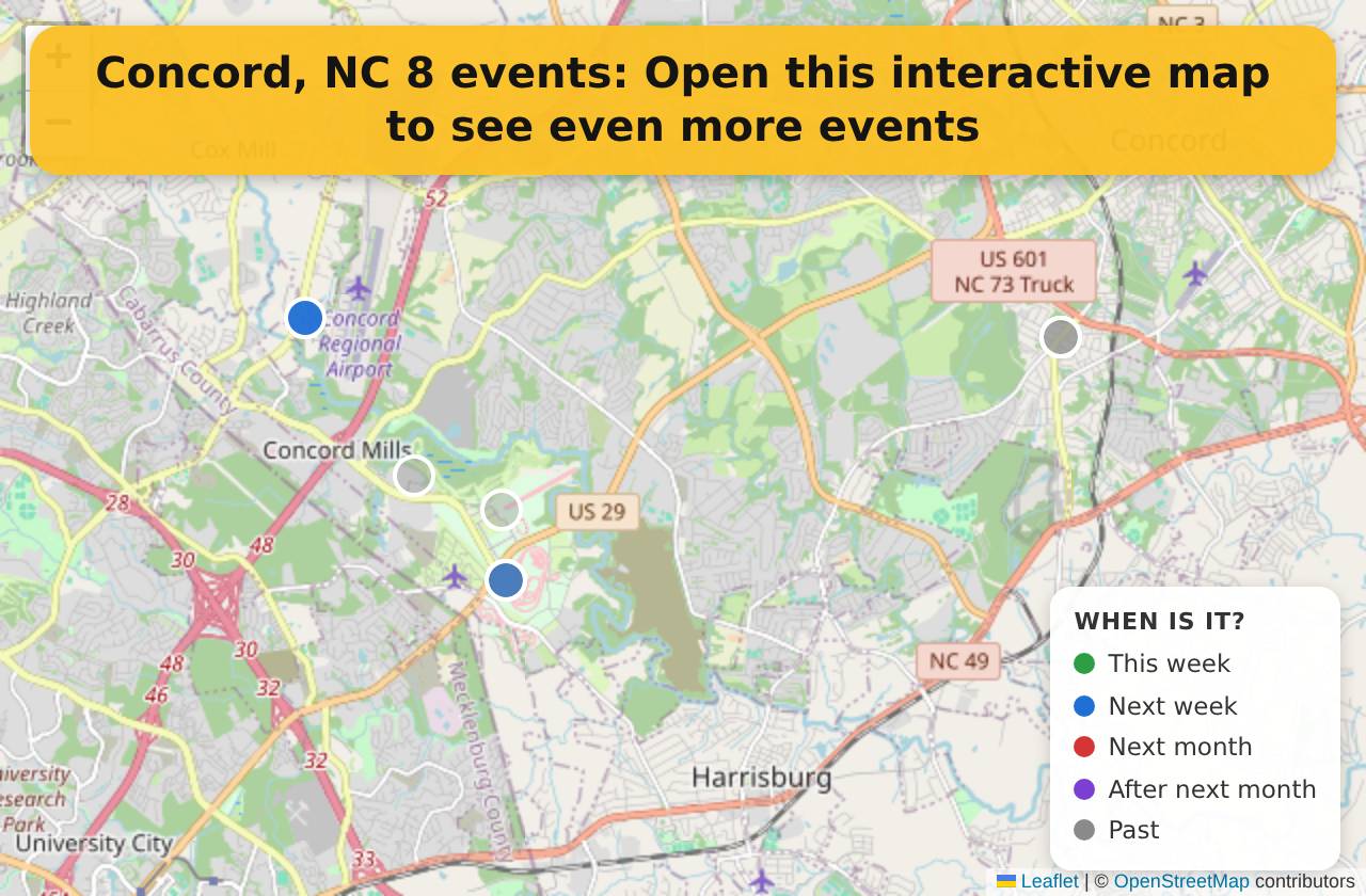 Map of events in Concord, NC on the interactive EVENTULIST map