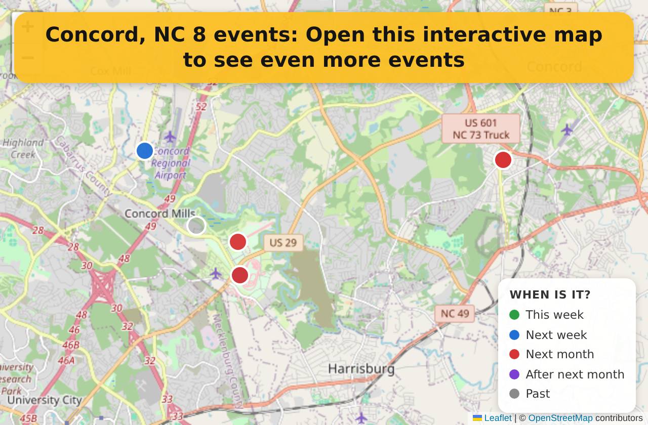 Map of events in Concord, NC on the interactive EVENTULIST map