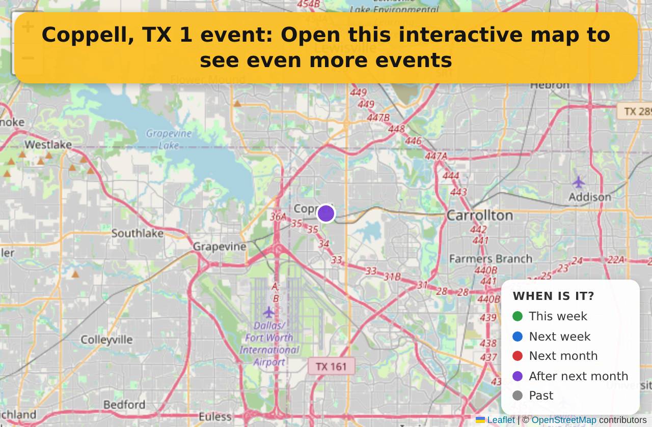 Map of events in Coppell, TX on the interactive EVENTULIST map