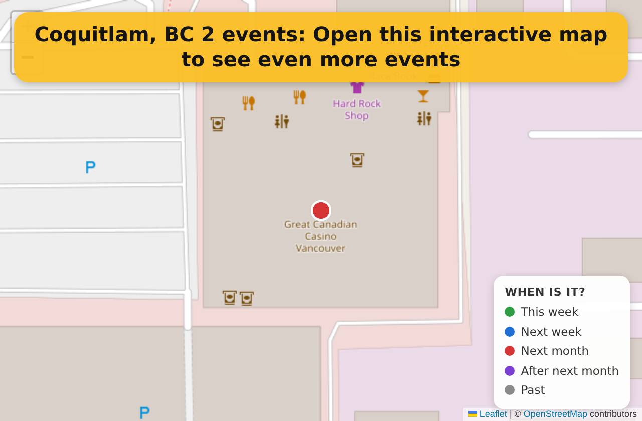 Map of events in Coquitlam, BC on the interactive EVENTULIST map