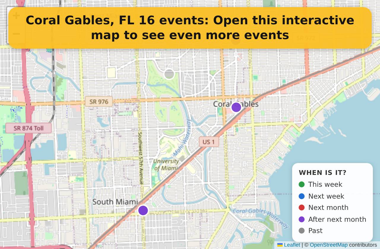 Map of events in Coral Gables, FL on the interactive EVENTULIST map