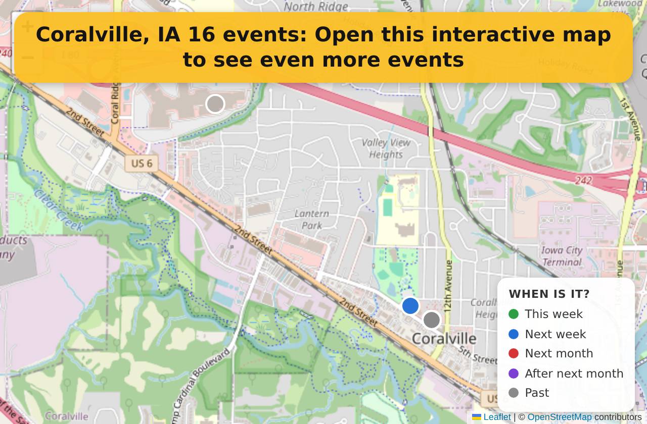 Map of events in Coralville, IA on the interactive EVENTULIST map