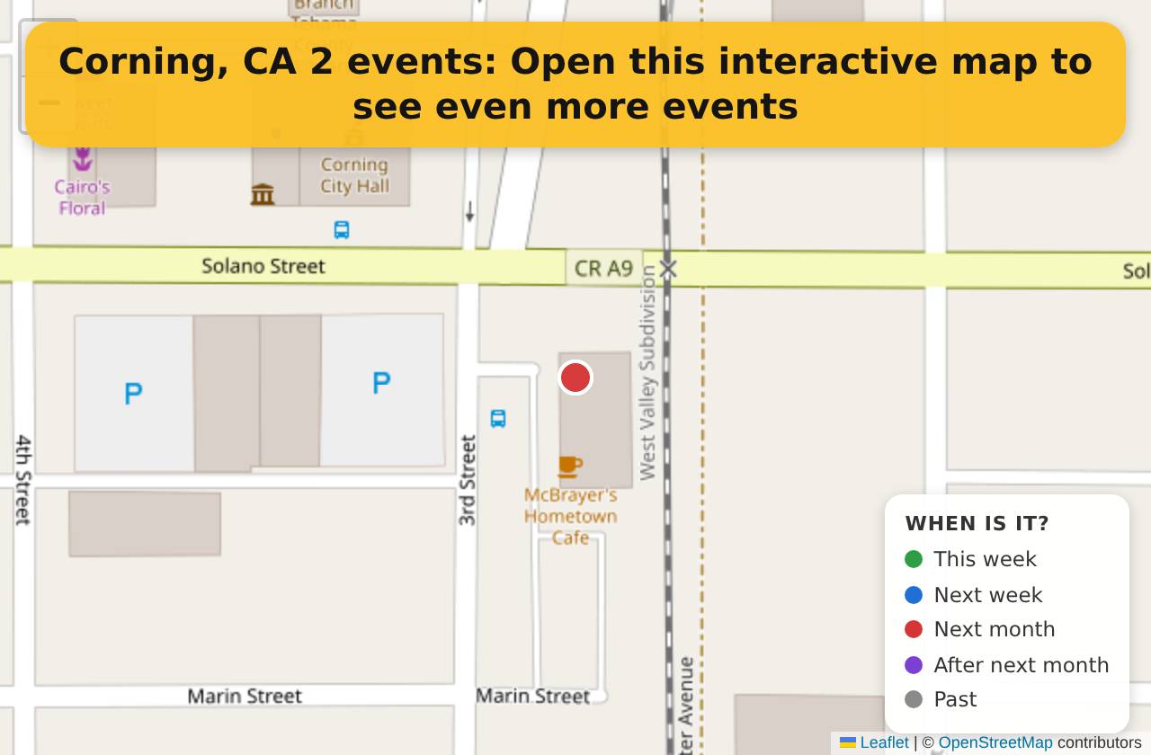 Map of events in Corning, CA on the interactive EVENTULIST map