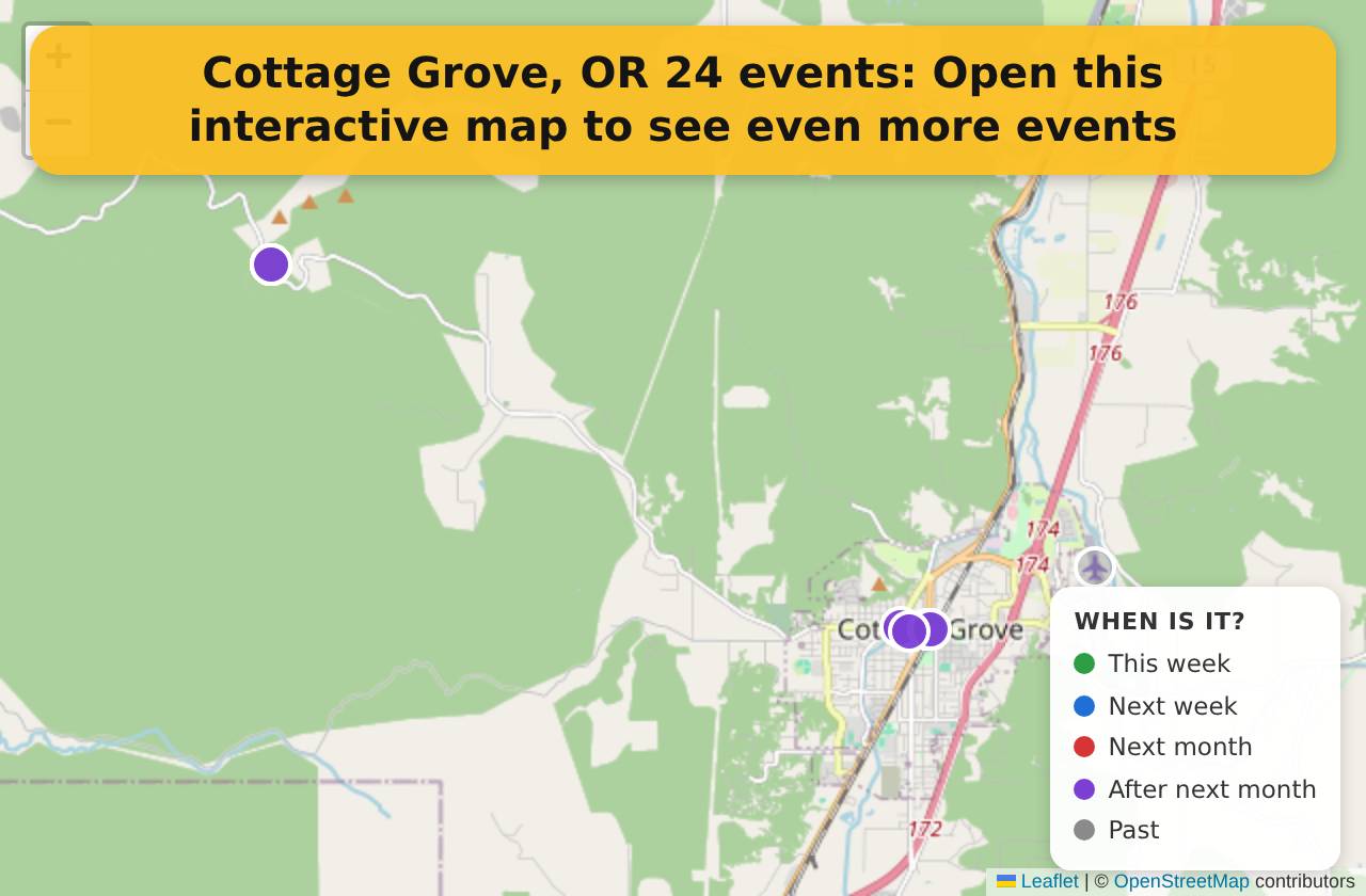 Map of events in Cottage Grove, OR on the interactive EVENTULIST map