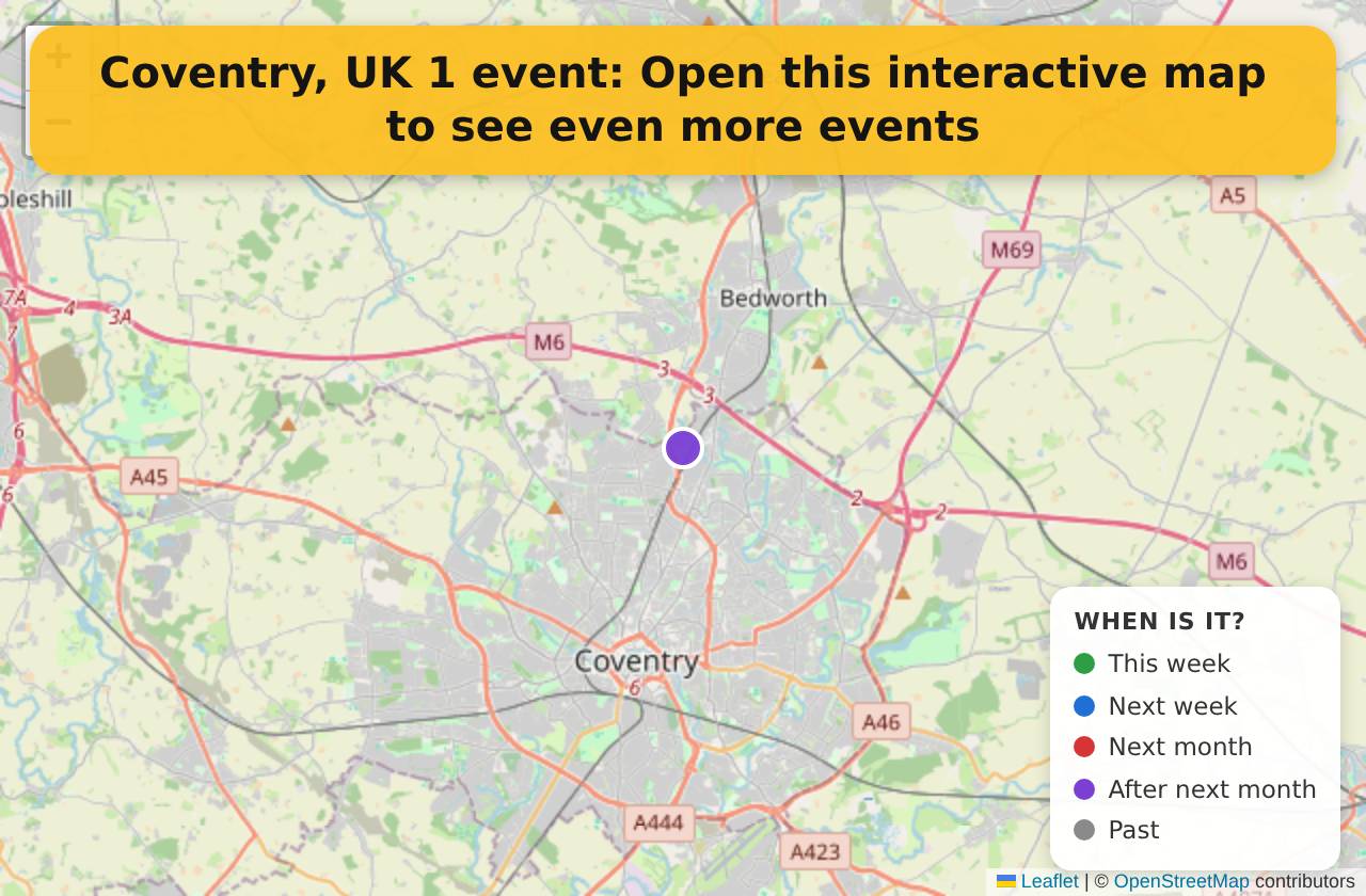 Map of events in Coventry, UK on the interactive EVENTULIST map
