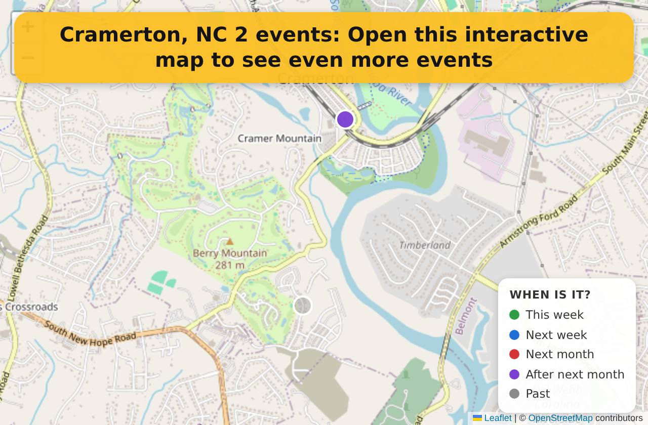 Map of events in Cramerton, NC on the interactive EVENTULIST map