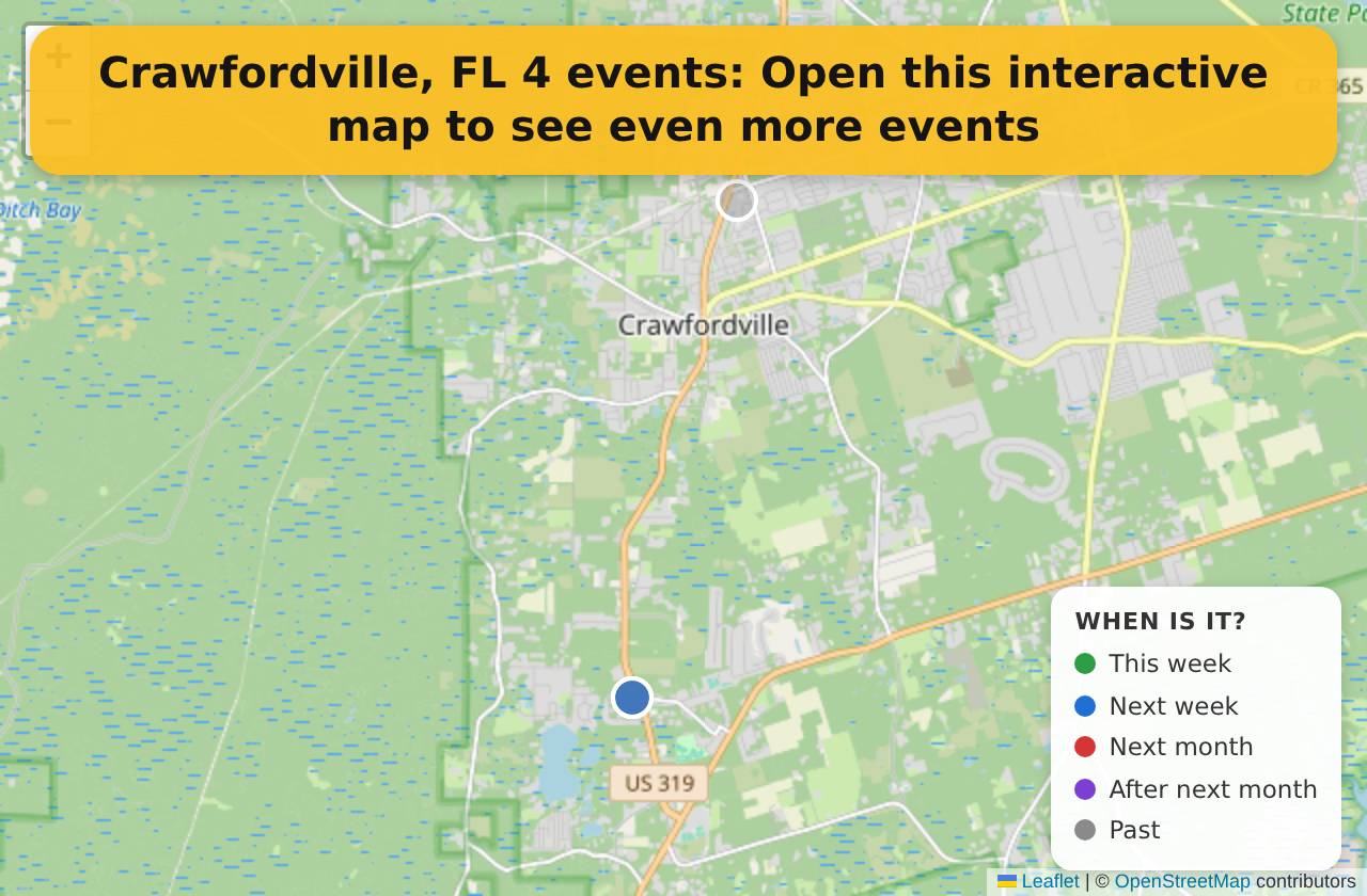 Map of events in Crawfordville, FL on the interactive EVENTULIST map