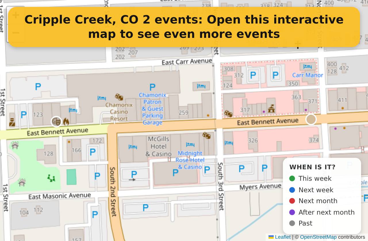 Map of events in Cripple Creek, CO on the interactive EVENTULIST map