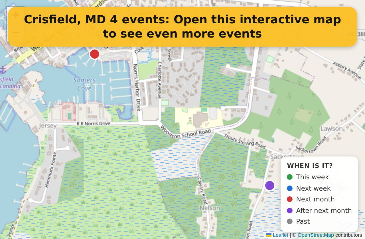 Map of events in Crisfield, MD on the interactive EVENTULIST map