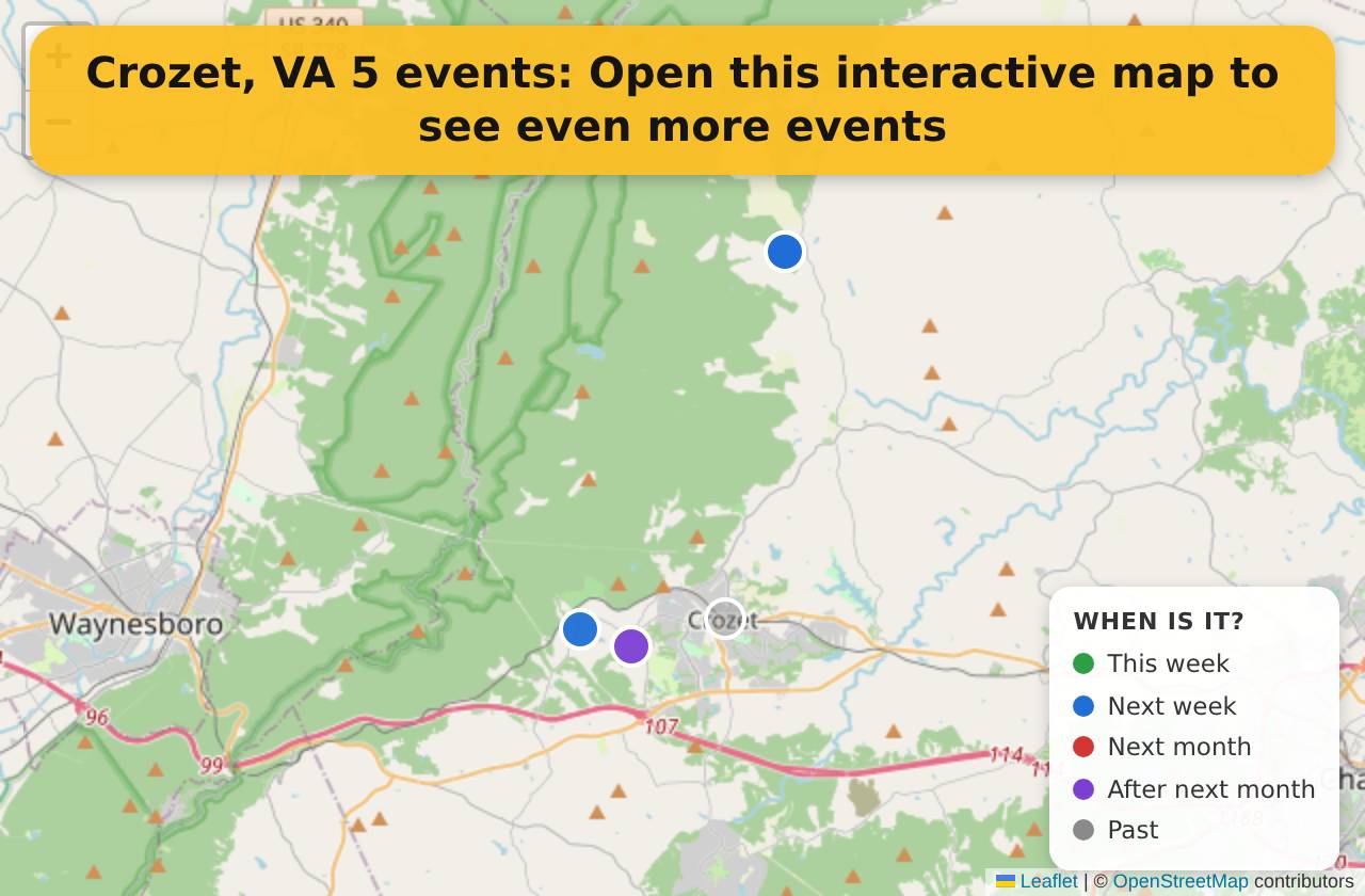 Map of events in Crozet, VA on the interactive EVENTULIST map