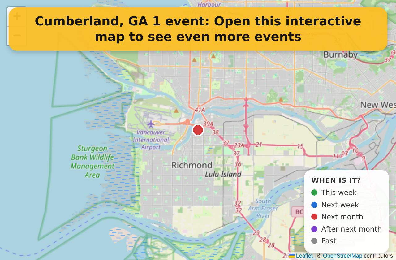 Map of events in Cumberland, GA on the interactive EVENTULIST map