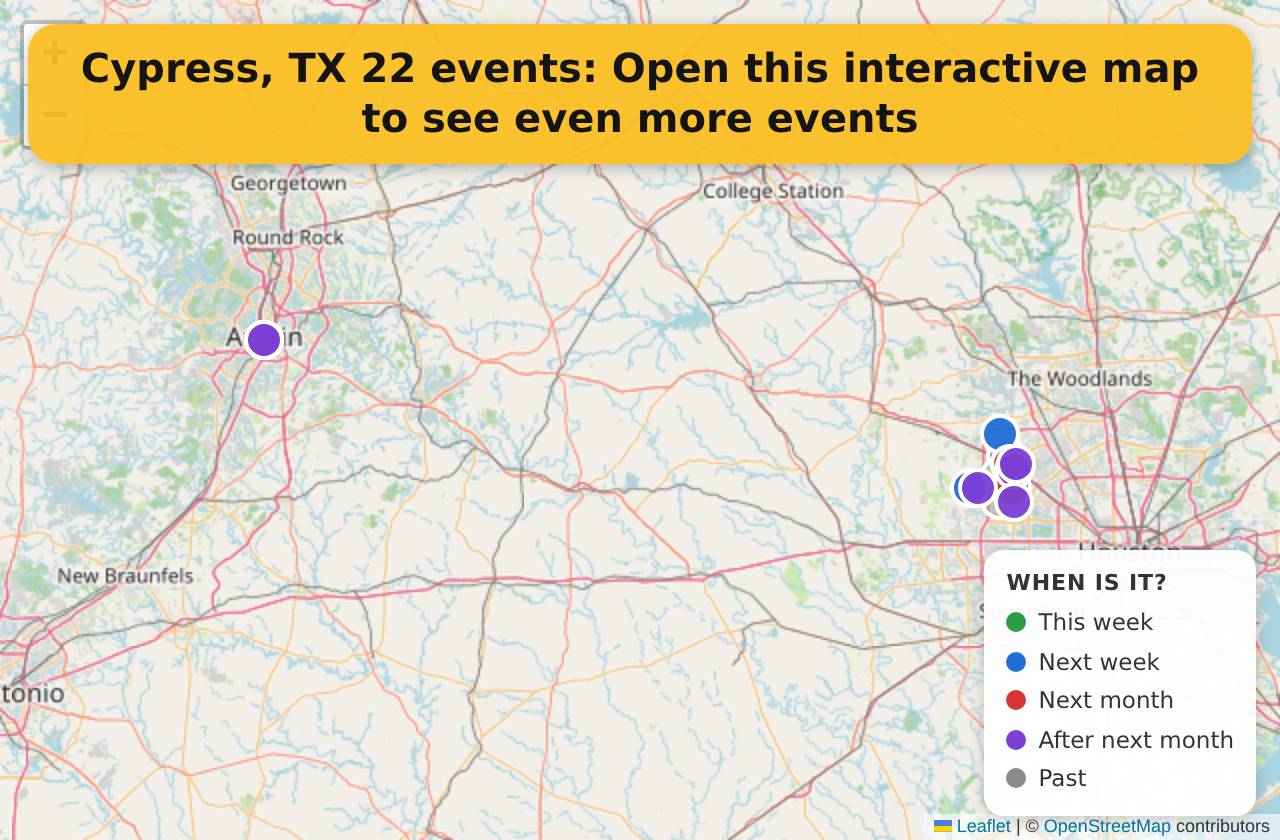 Map of events in Cypress, TX on the interactive EVENTULIST map