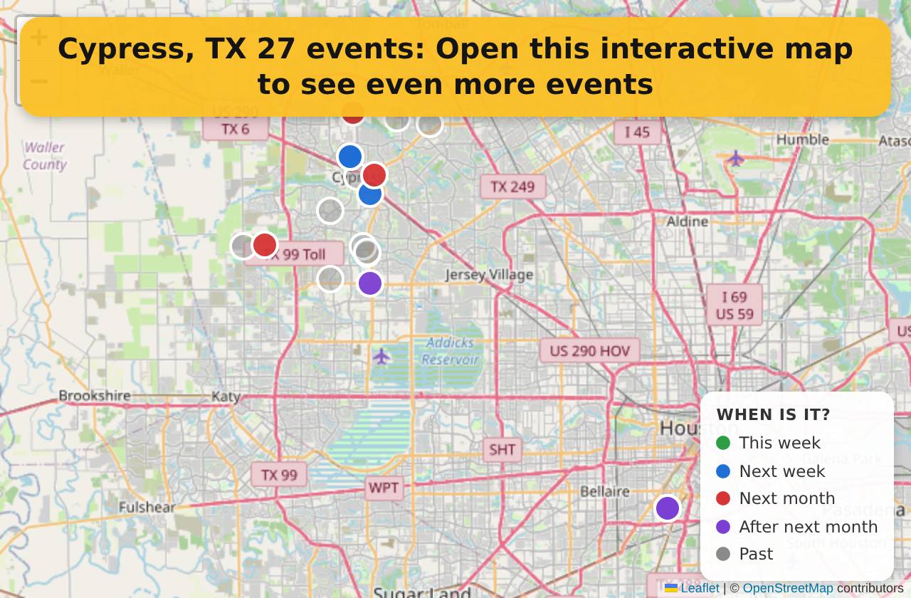 Map of events in Cypress, TX on the interactive EVENTULIST map