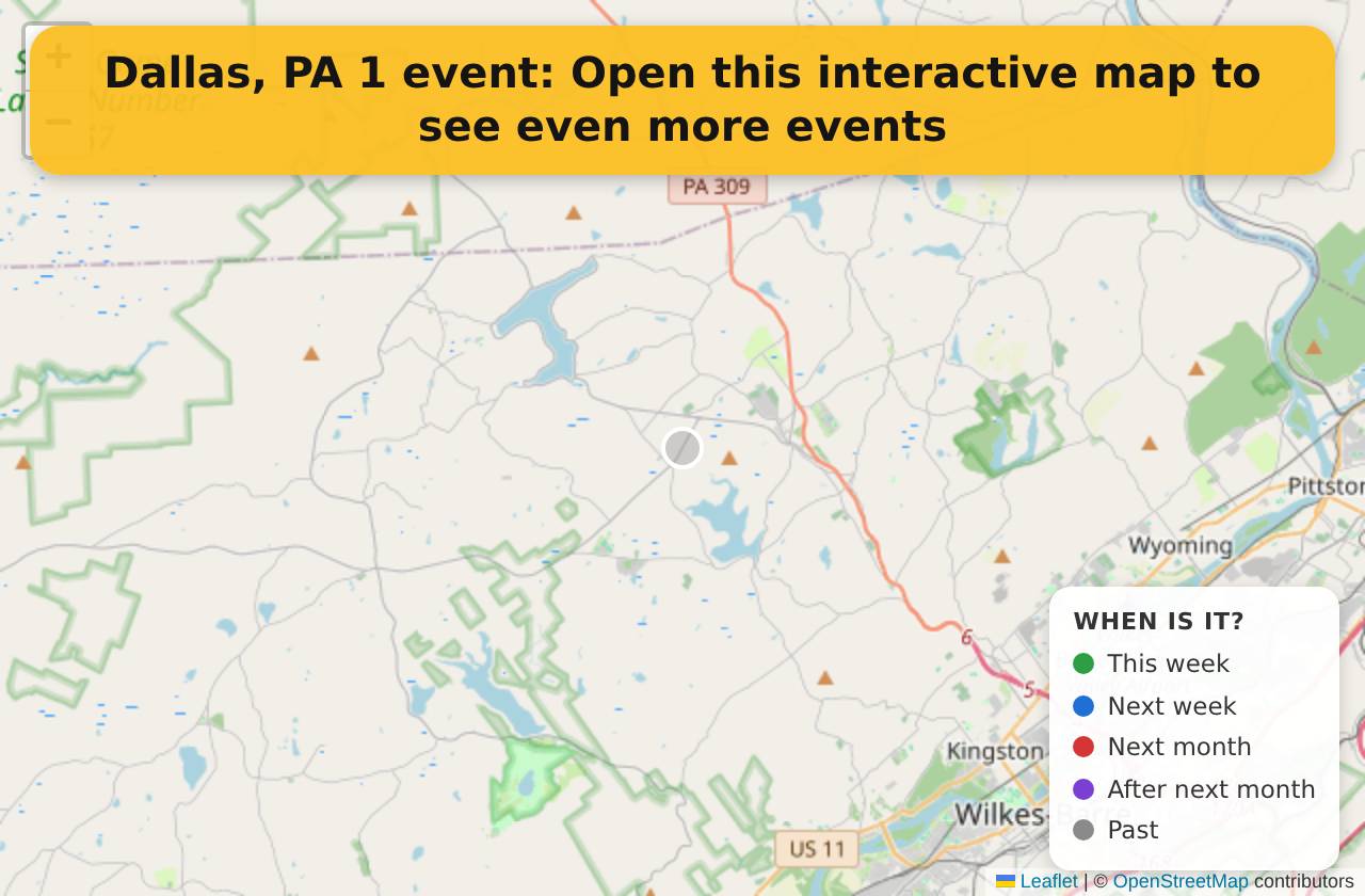 Map of events in Dallas, PA on the interactive EVENTULIST map