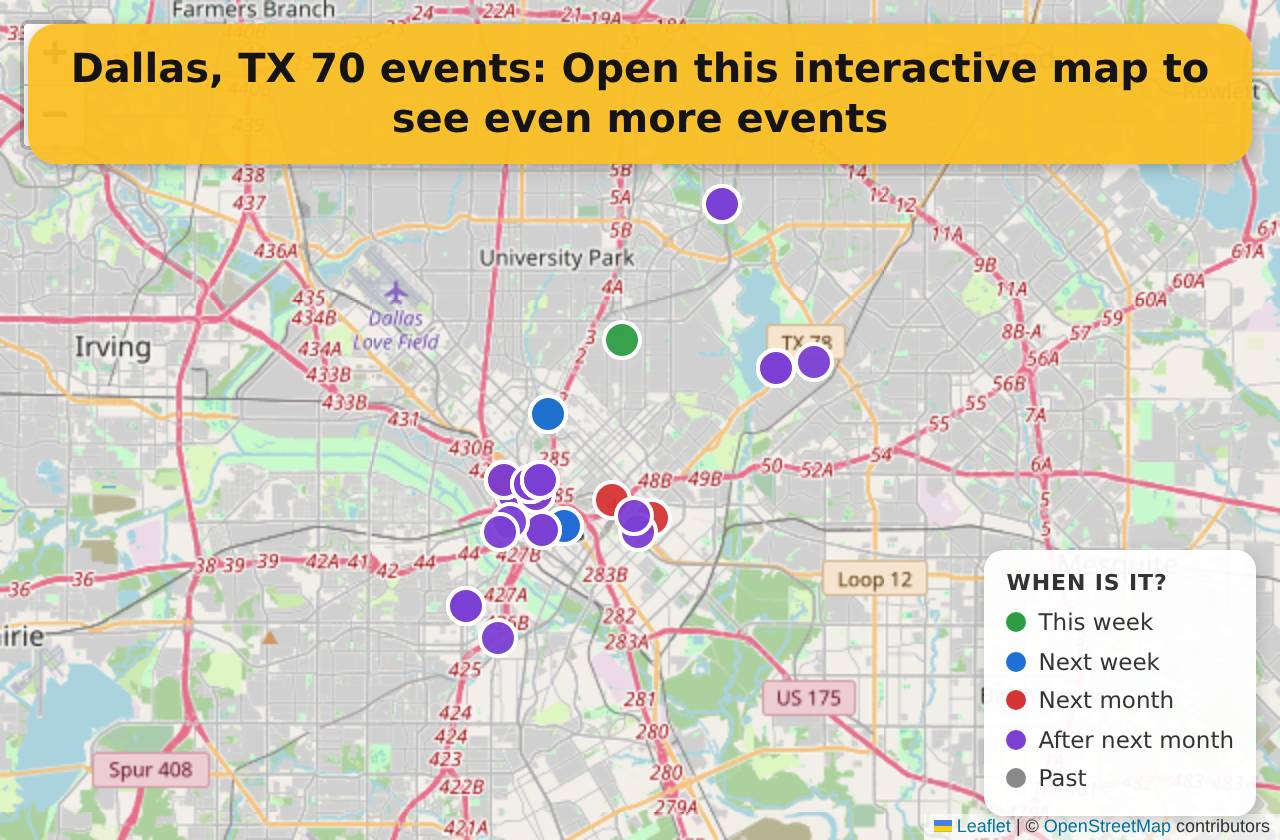 Map of events in Dallas, TX on the interactive EVENTULIST map