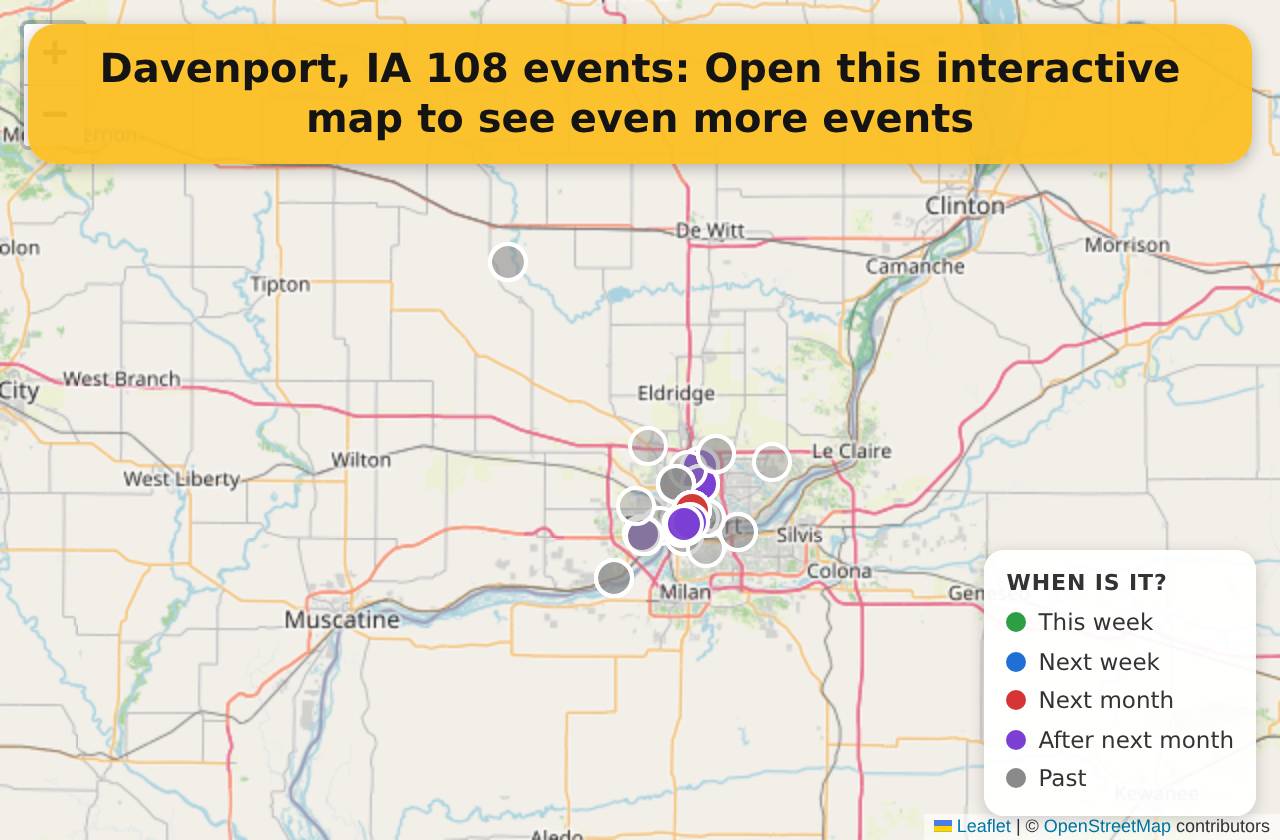 Map of events in Davenport, IA on the interactive EVENTULIST map