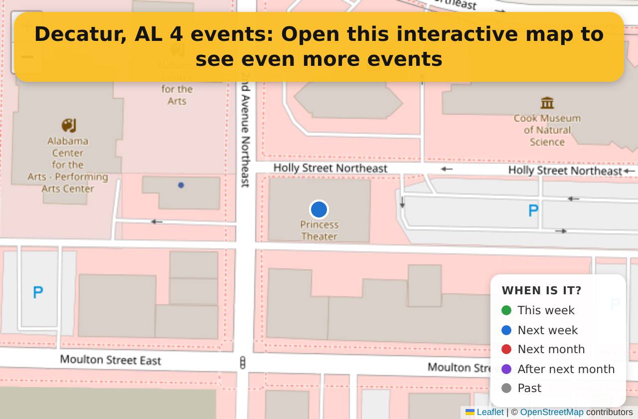 Map of events in Decatur, AL on the interactive EVENTULIST map