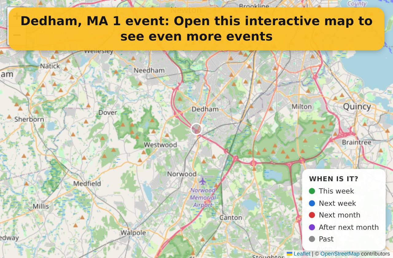 Map of events in Dedham, MA on the interactive EVENTULIST map