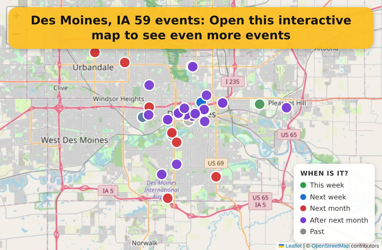 Map of events in Des Moines, IA on the interactive EVENTULIST map
