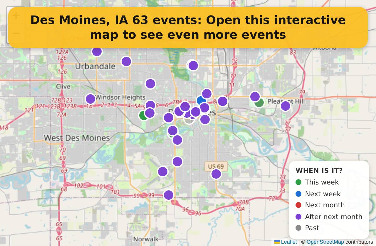 Map of events in Des Moines, IA on the interactive EVENTULIST map