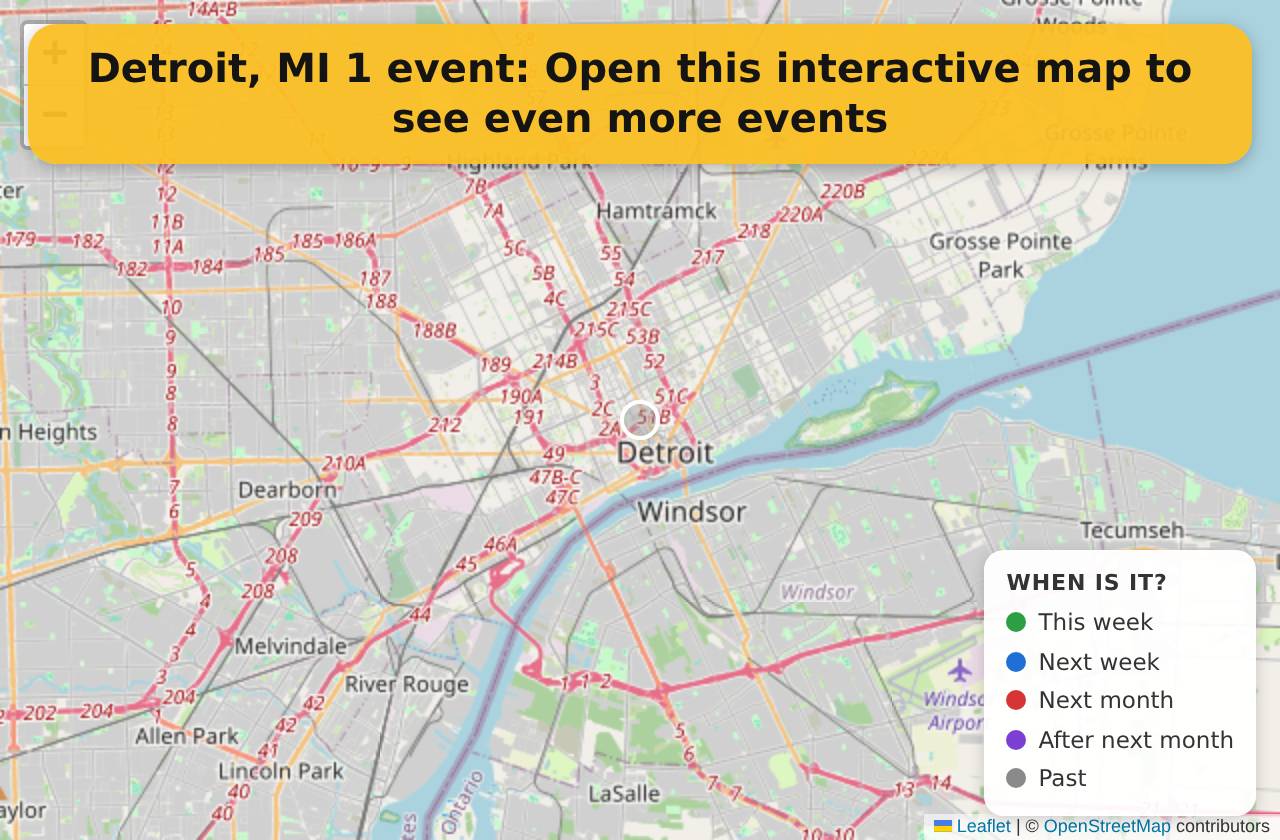 Map of events in Detroit, MI on the interactive EVENTULIST map